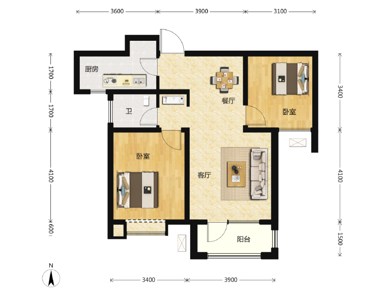 2室2厅1卫 住宅 在售户型图