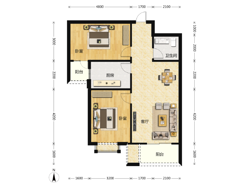 2室1厅1卫 住宅 在售户型图