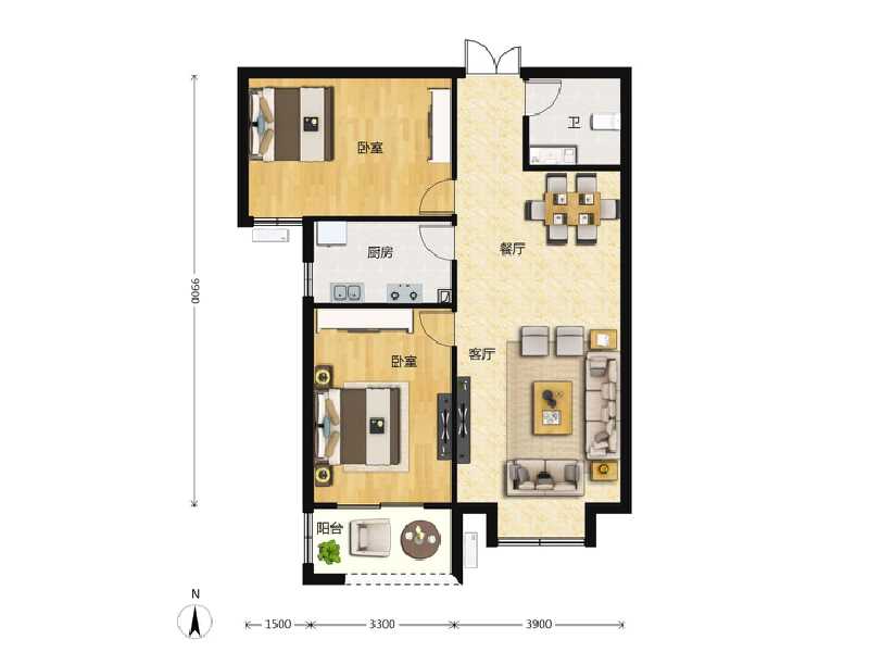 2室2厅1卫 住宅 在售户型图