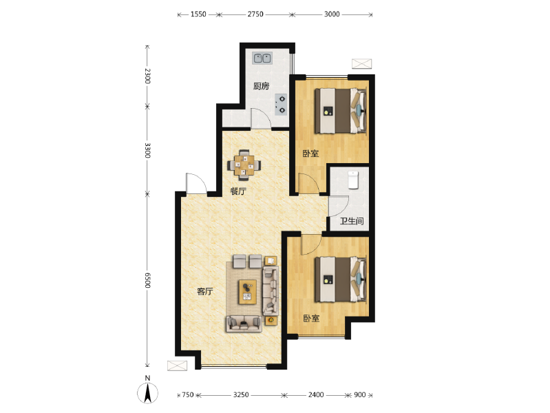 2室2厅1卫 住宅 在售户型图