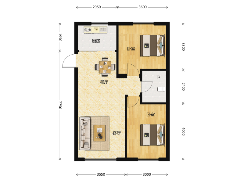 2室2厅1卫 住宅 在售户型图