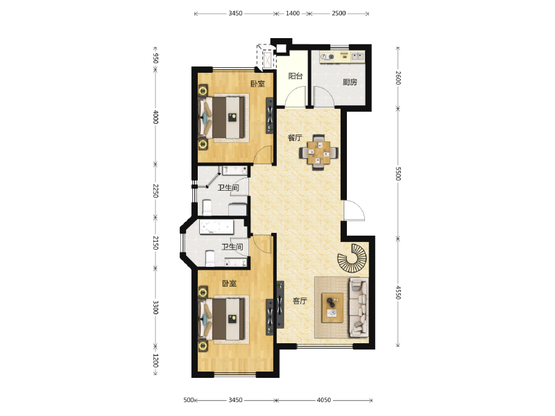 2室2厅2卫 住宅 售罄户型图