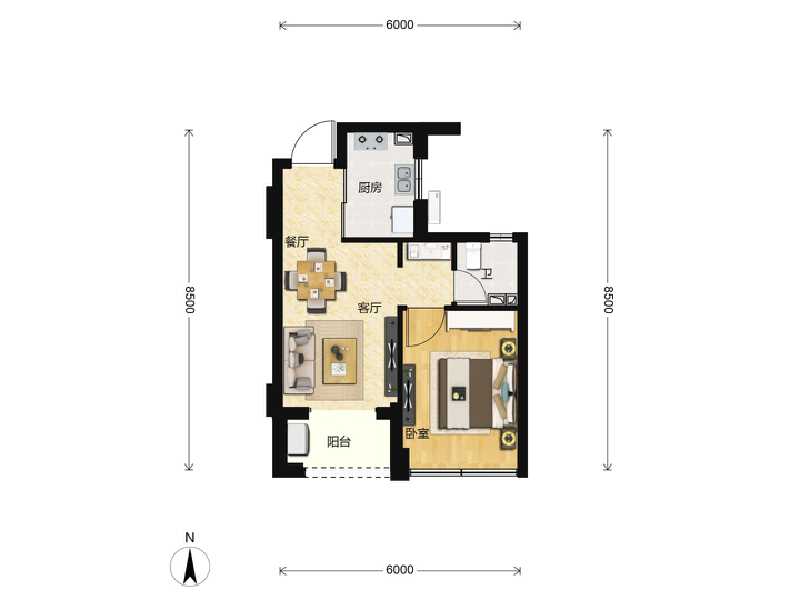 1室2厅1卫 住宅 在售户型图