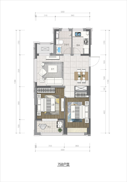2室2厅1卫 住宅 在售户型图