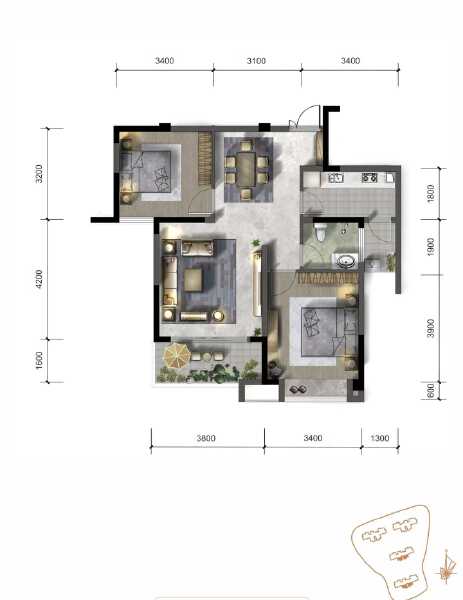 2室2厅1卫 住宅 在售户型图