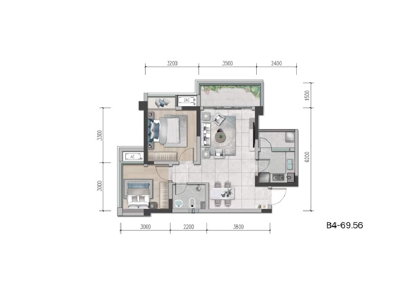2室2厅1卫 住宅 在售户型图