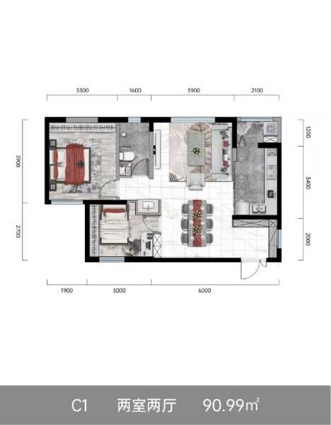 2室2厅1卫 住宅 在售户型图