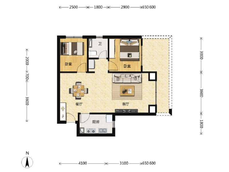 2室2厅1卫 住宅 在售户型图