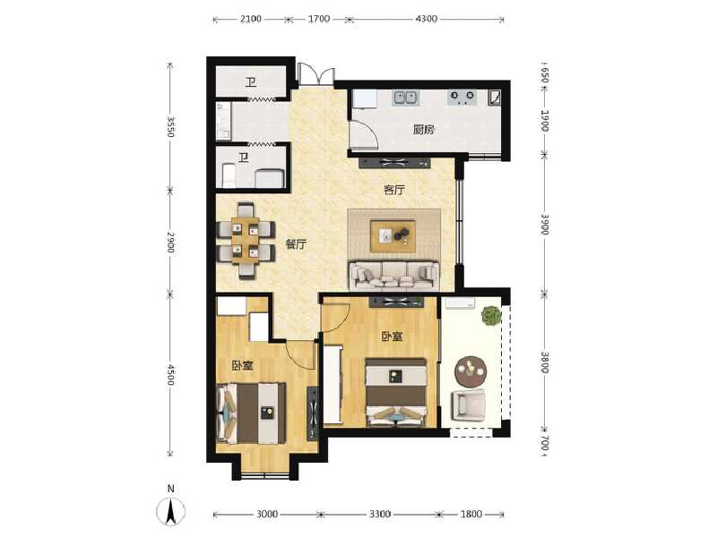 2室2厅1卫 住宅 在售户型图
